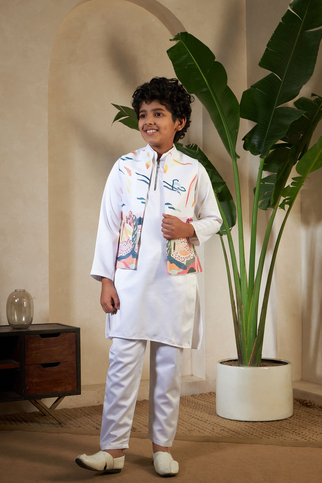 White Pure Satin Silk Kids Boy Kurta Pajama With Koti Jacket 