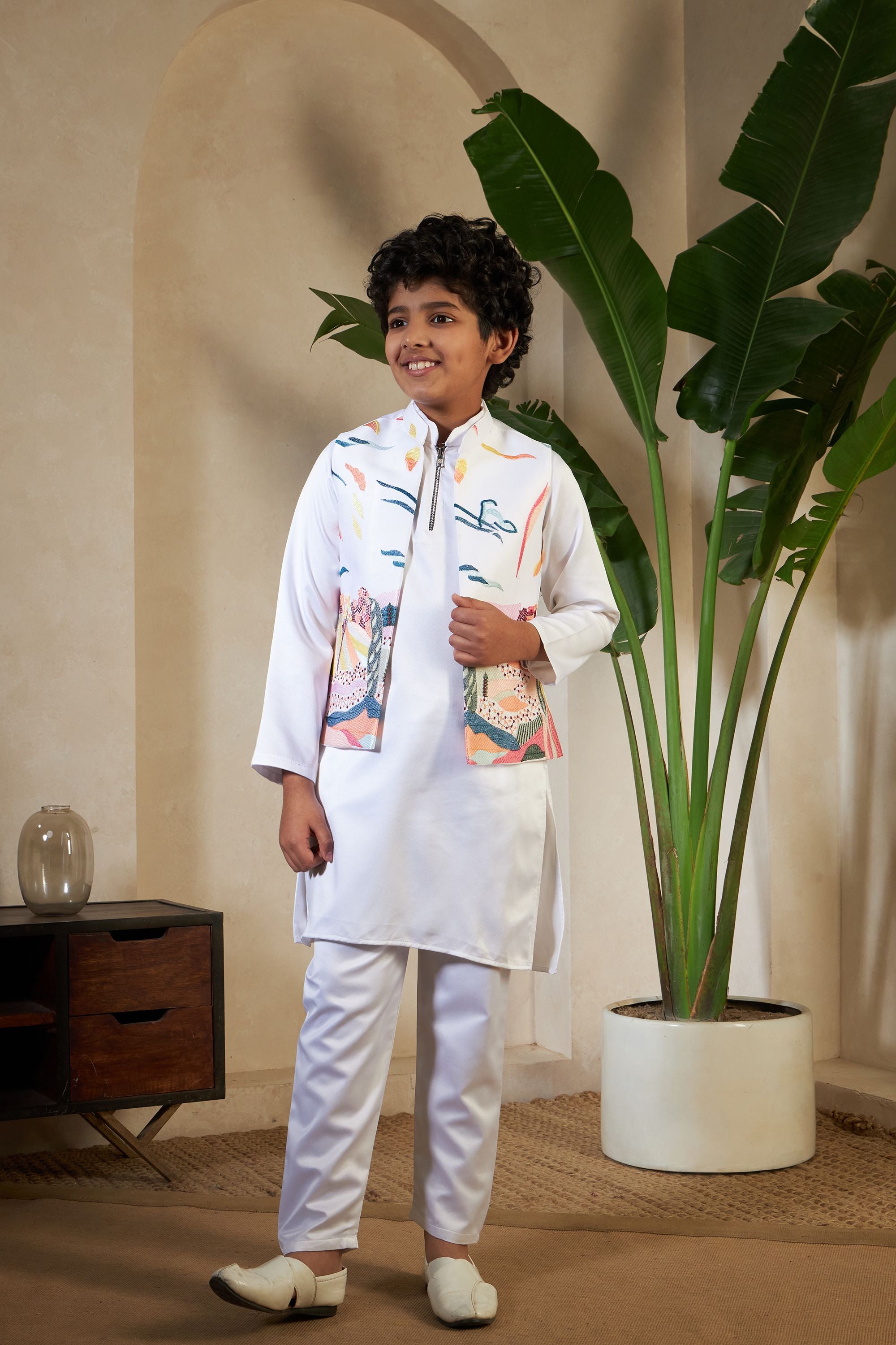 White Pure Satin Silk Kids Boy Kurta Pajama With Koti Jacket 