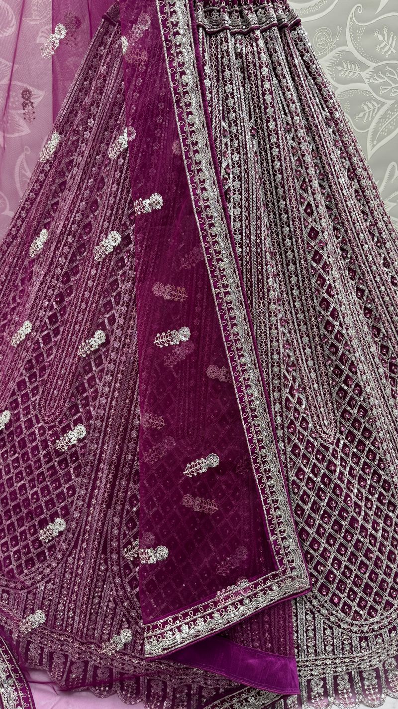 Purple Pure Soft Net Heavy Embroidery Work Bridal Lehenga
