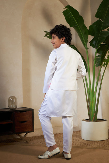 White Pure Satin Silk Kids Boy Kurta Pajama With Koti Jacket 