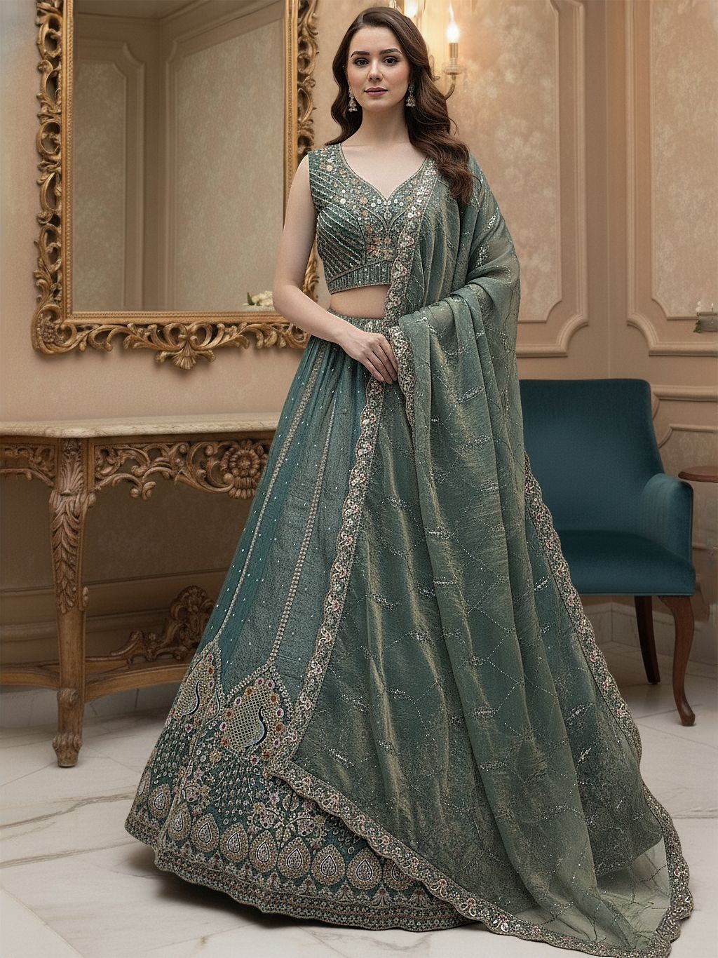 Grey Pure Soft Gadhwal Silk Heavy Embroidery Work Bridal Lehenga