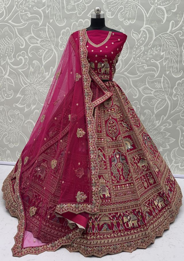 Rani Pink Pure Soft Gadwal Silk Heavy Embroidery Work Bridal Lehenga 