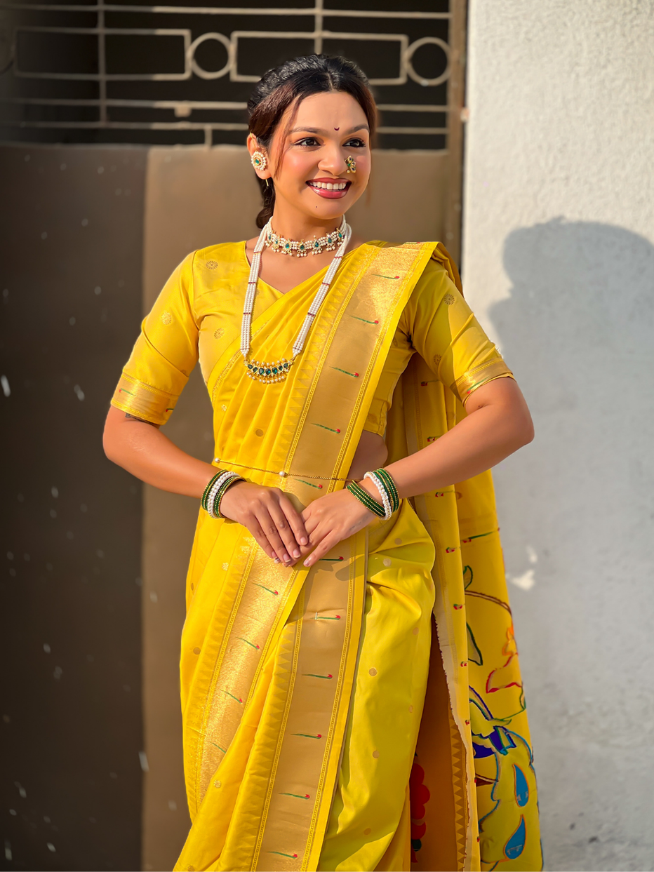 Yellow Wedding Special Nauvari Paithani Soft Silk Saree 