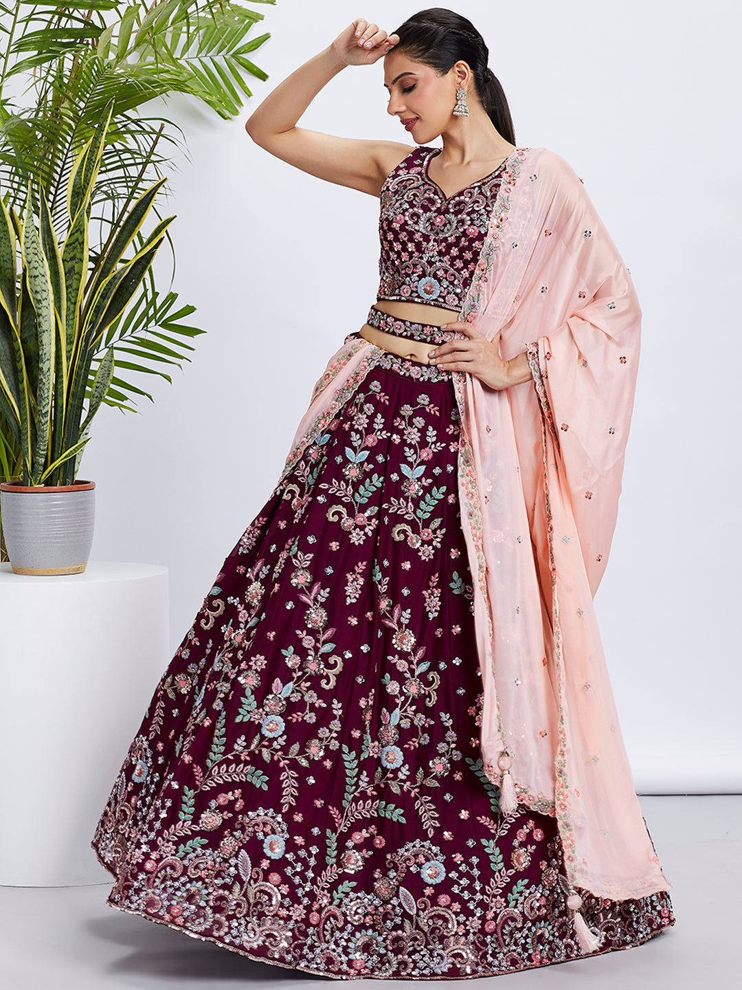 Burgundy Georgette Sequins and Thread Embroidery Lehenga Choli &amp; Dupatta