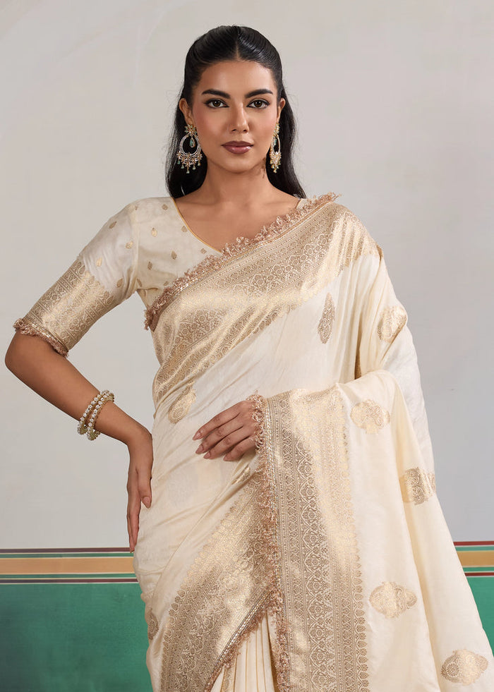 Floral White Woven Banarasi Satin Silk Saree Japan Satin Saree Anant Tex Exports Pvt.Ltd..