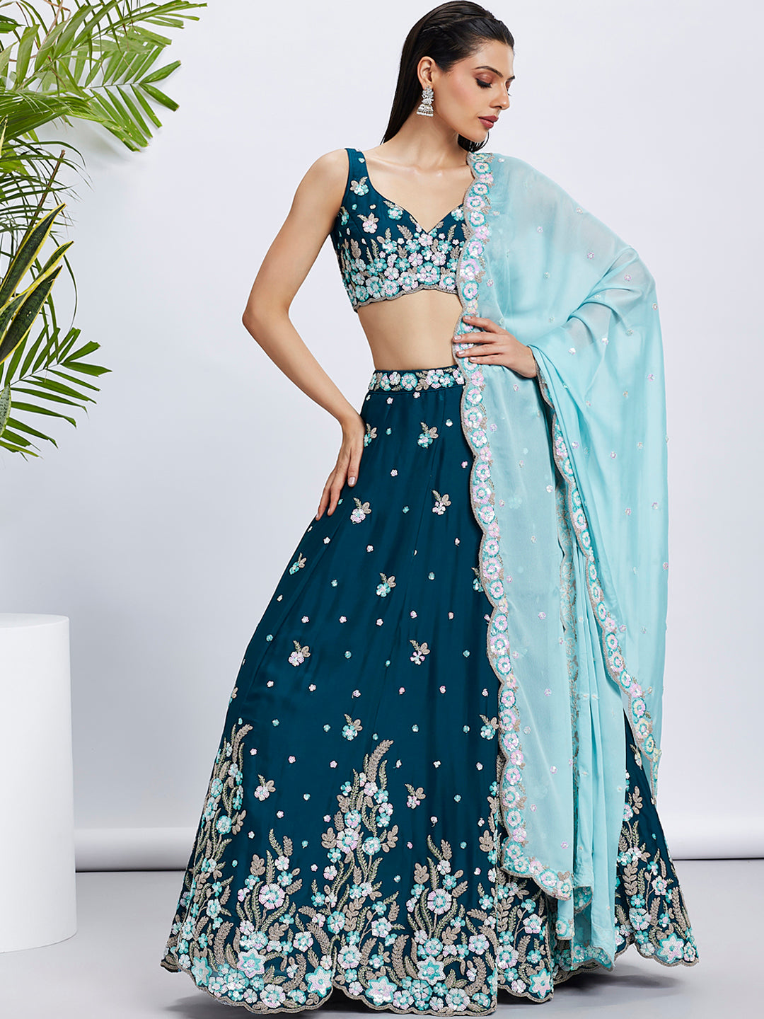 Teal Georgette Sequins &amp; Thread Embroidery Lehenga Choli &amp; Dupatta