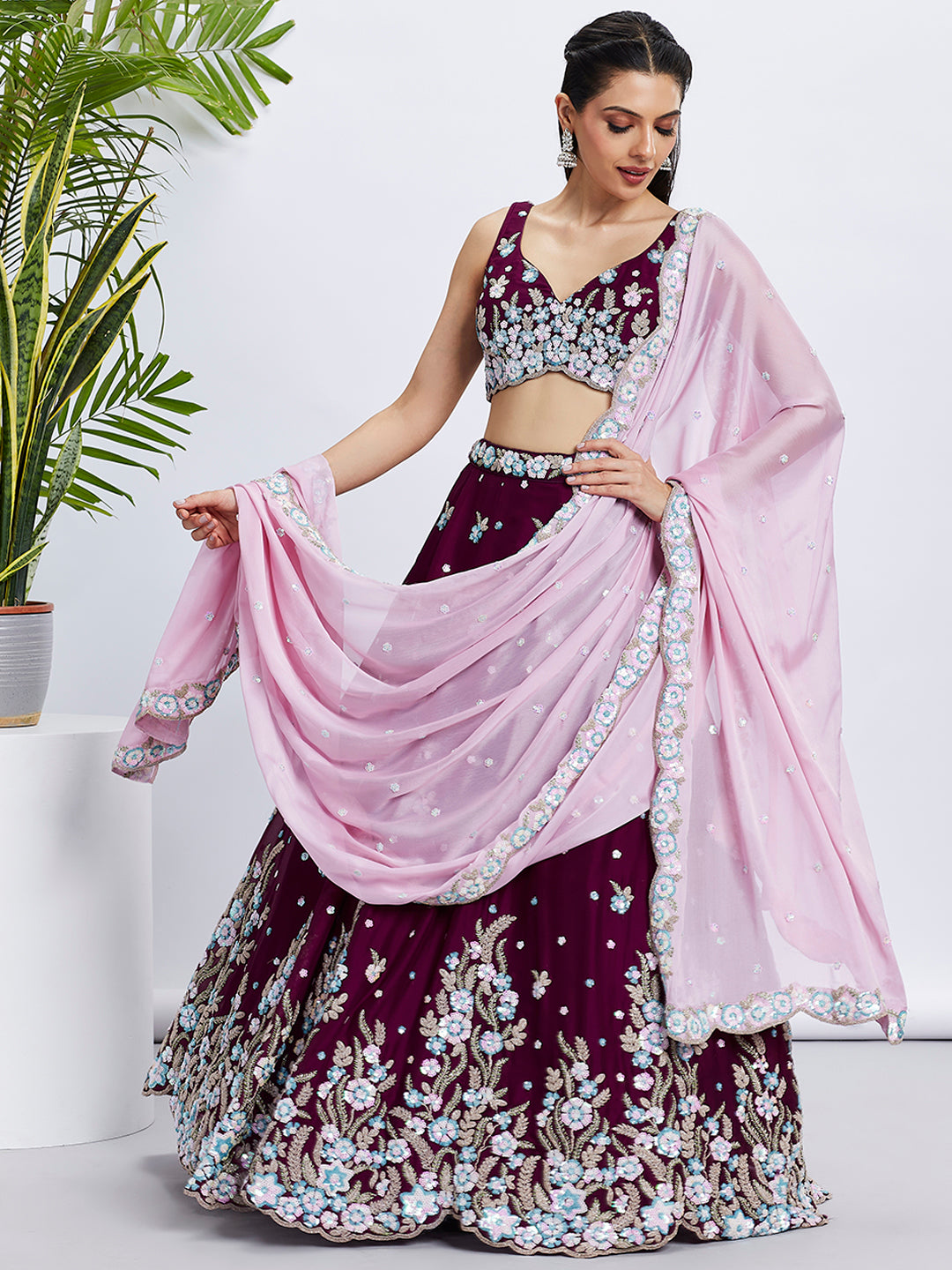 Burgundy Georgette Sequins and Thread Embroidery Lehenga Choli &amp; Dupatta