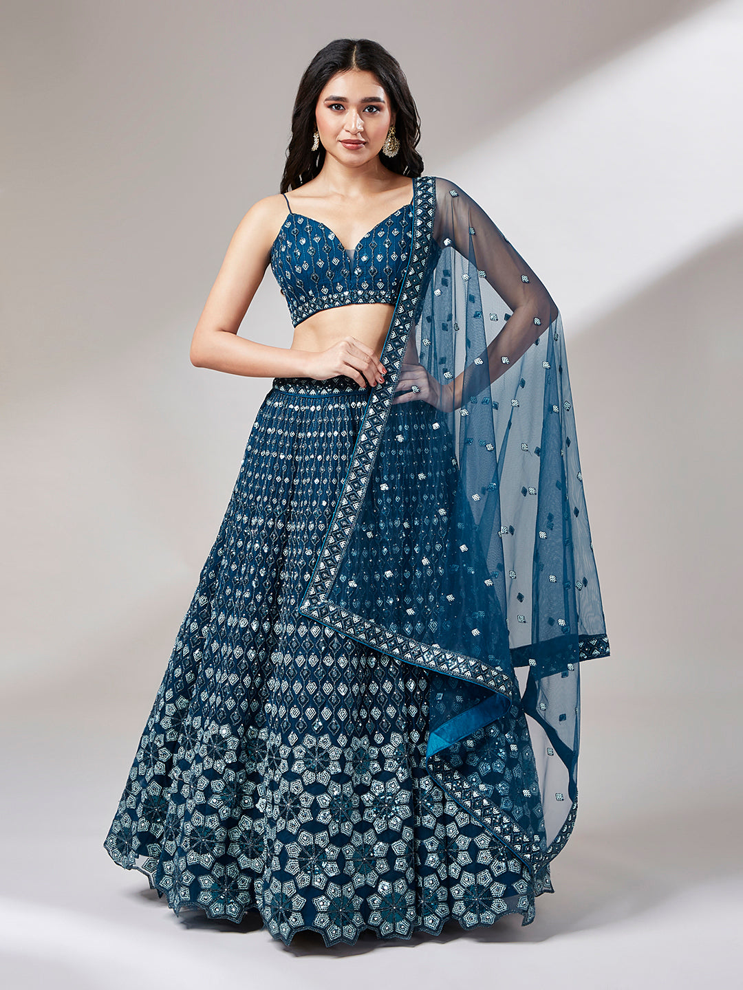 Navy Blue Net heavy Sequins Embroidery Lehenga Choli &amp; Dupatta