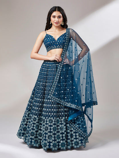 Navy Blue Net heavy Sequins Embroidery Lehenga Choli &amp; Dupatta