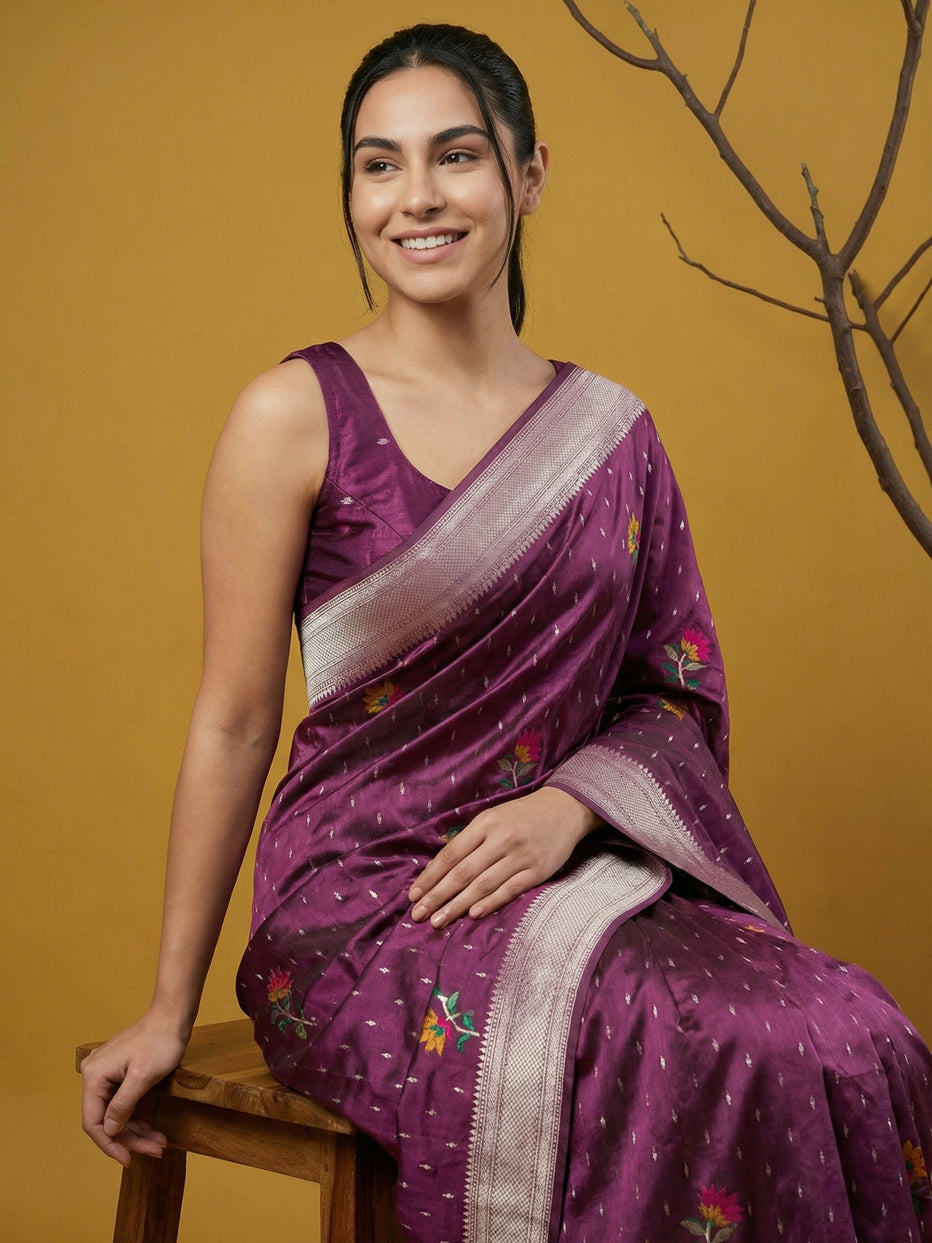 Purple Pure Organza Silk Meenakari Jamdani Zari Woven Organza Saree