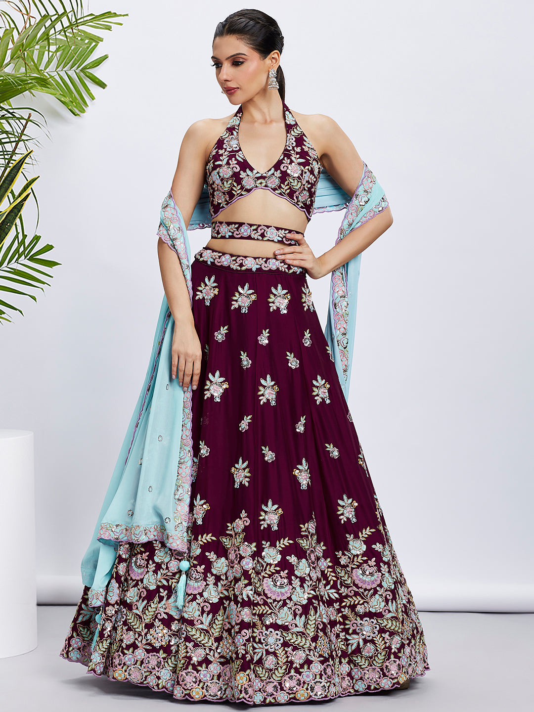 Burgundy Georgette Sequins Thread Embroidery Lehenga Choli &amp; Dupatta