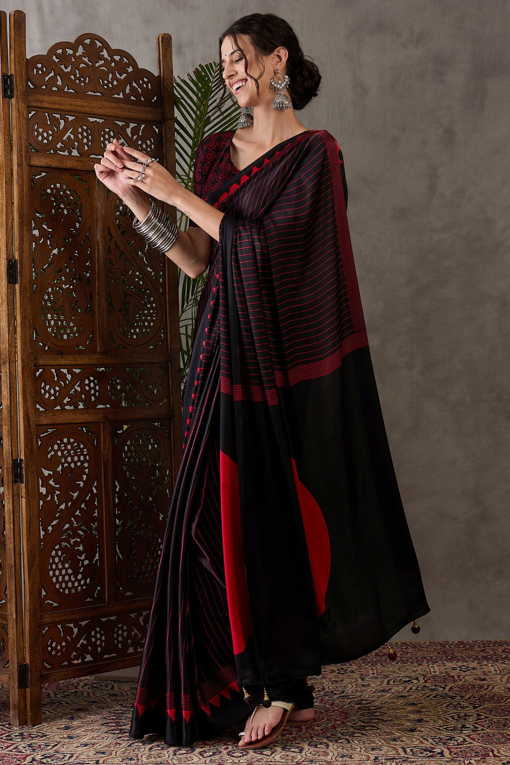Black and Red Printed Satin Gaji Silk Saree 