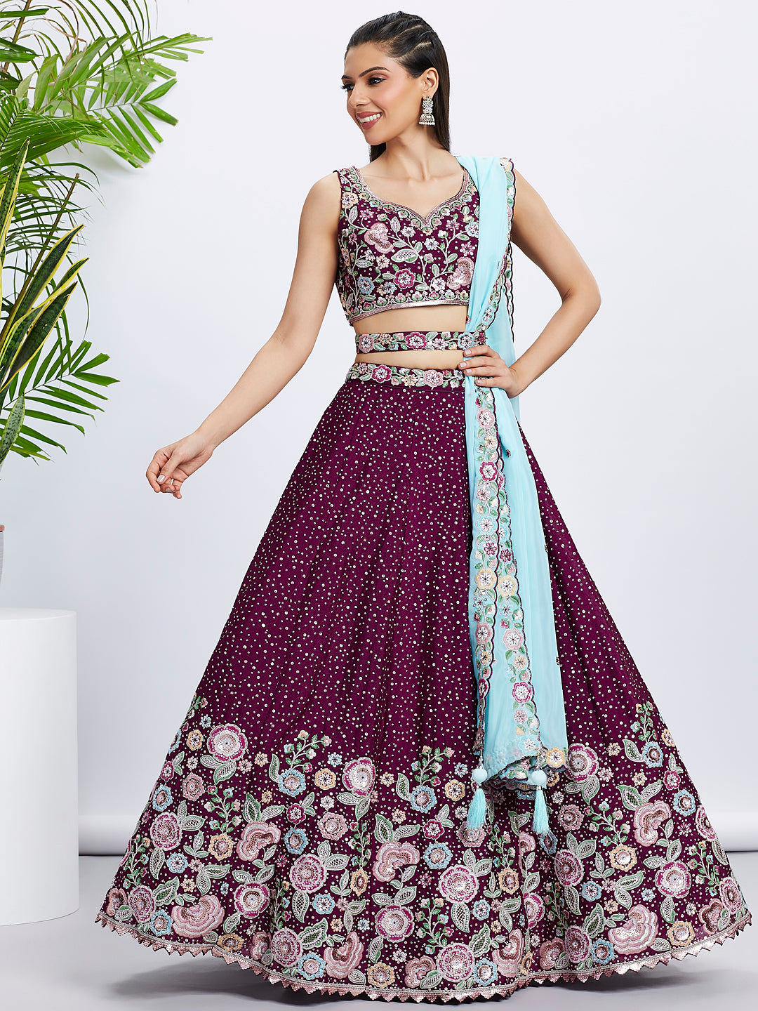 Burgundy Chiffon Sequins Thread Embroidery Lehenga Choli &amp; Dupatta