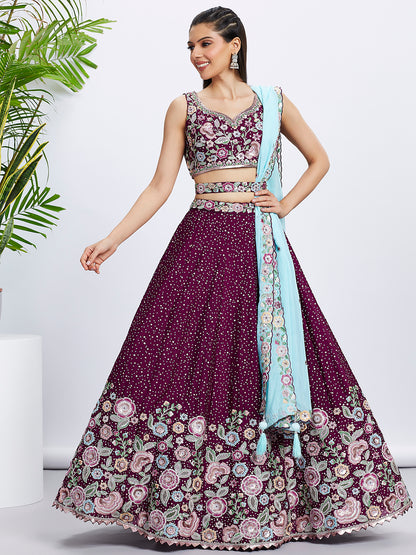 Burgundy Chiffon Sequins Thread Embroidery Lehenga Choli &amp; Dupatta
