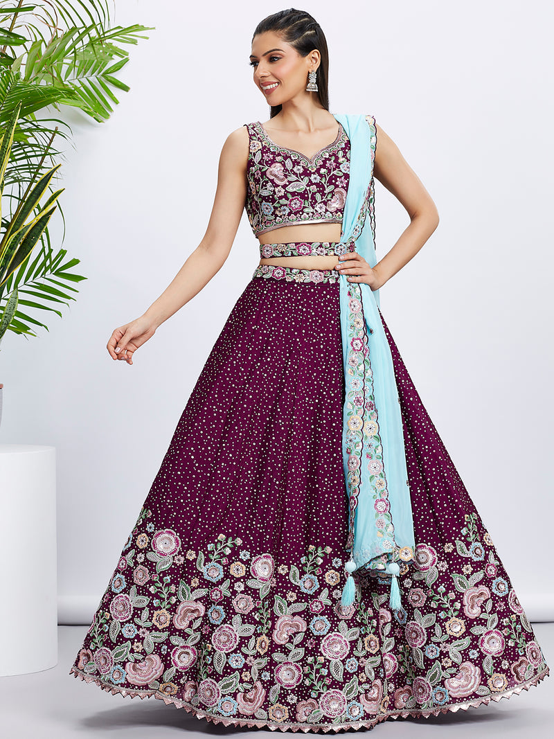 Burgundy Chiffon Sequins Thread Embroidery Lehenga Choli & Dupatta