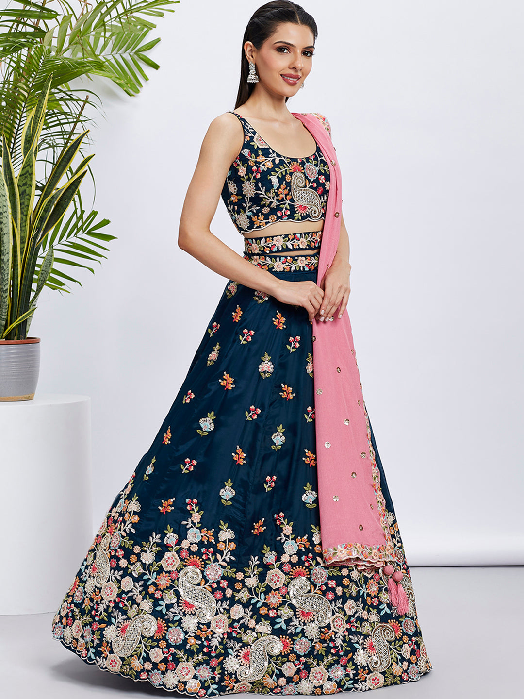 Navy Blue Organza Sequins Thread Embroidery Lehenga Choli &amp; Dupatta