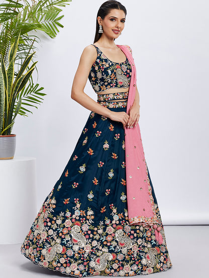 Navy Blue Organza Sequins Thread Embroidery Lehenga Choli &amp; Dupatta