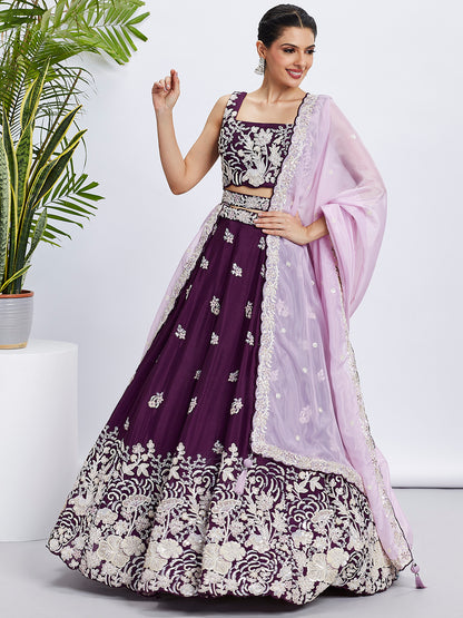 Purple Georgette Sequins Thread Embroidery Lehenga Choli &amp; Dupatta