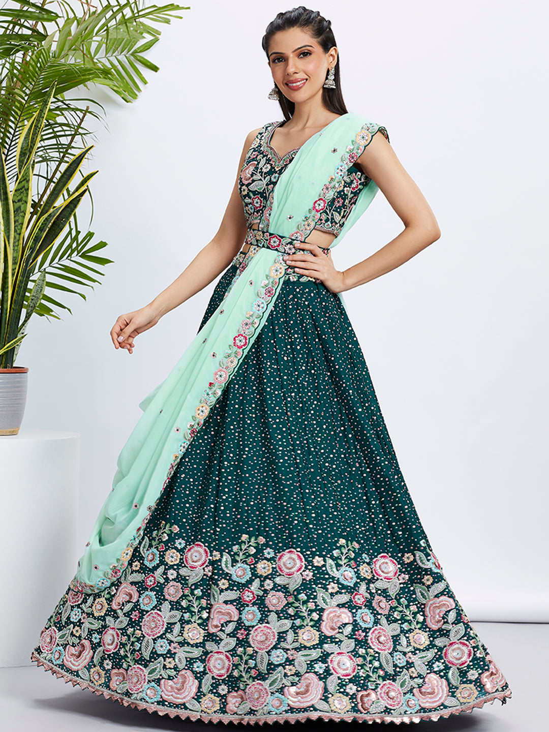 Green Pure Chiffon Sequins Thread Embroidery Lehenga Choli &amp; Dupatta