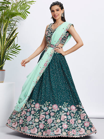 Green Pure Chiffon Sequins Thread Embroidery Lehenga Choli &amp; Dupatta
