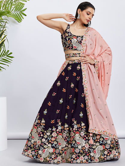 Magenta Organza Sequins Thread Embroidery Lehenga Choli &amp; Dupatta