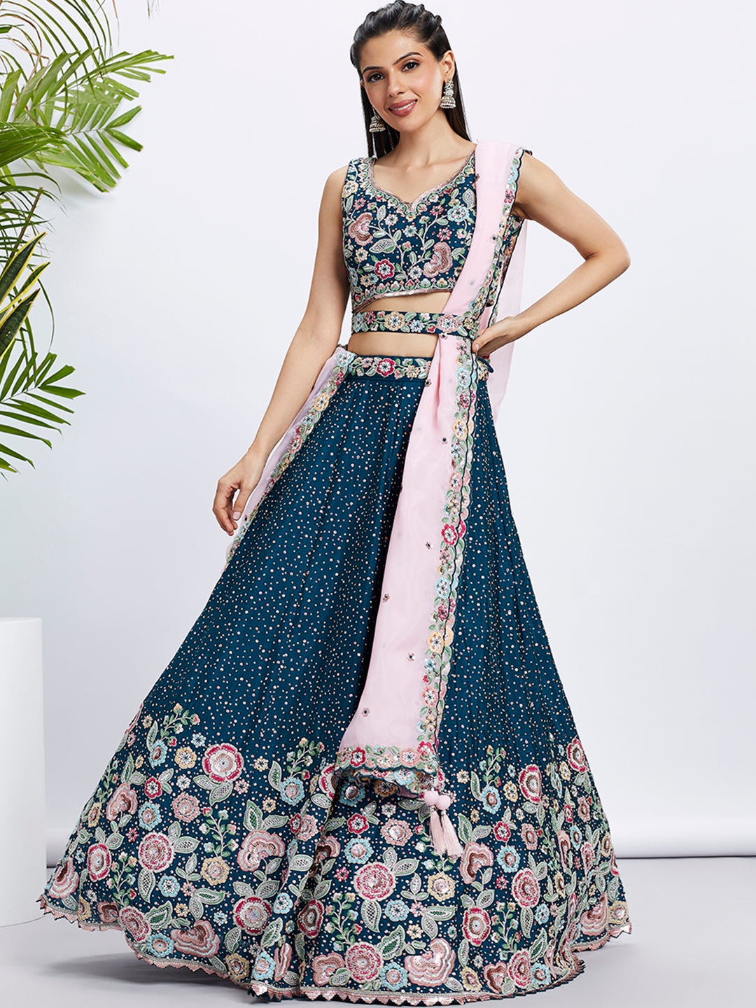 Navy Blue Chiffon Sequins Thread Embroidery Lehenga Choli &amp; Dupatta
