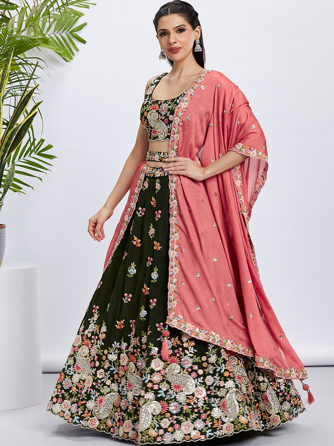 Olive Organza Sequins Thread Embroidery Lehenga Choli &amp; Dupatta