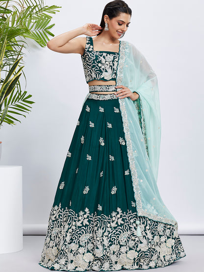 Green Georgette Sequins Thread Embroidery Lehenga Choli &amp; Dupatta