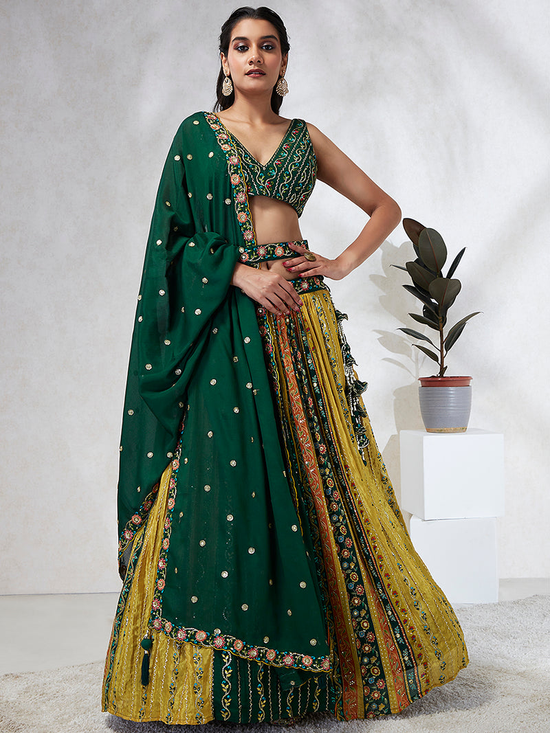 Green Chiffon Position Print with Sequins Embroidery Lehenga Choli