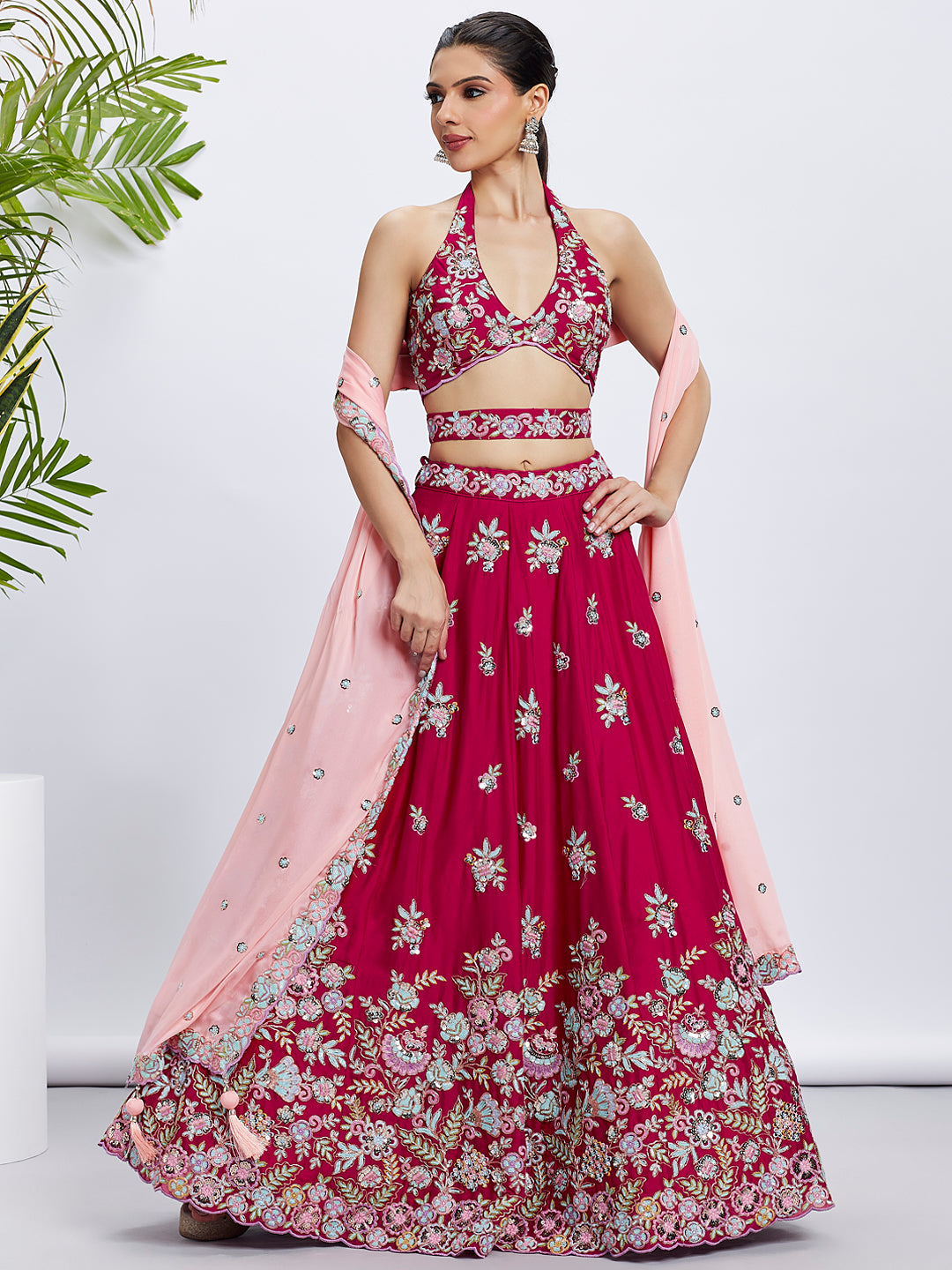 Rose Georgette Sequins and Thread Embroidery Lehenga Choli &amp; Dupatta