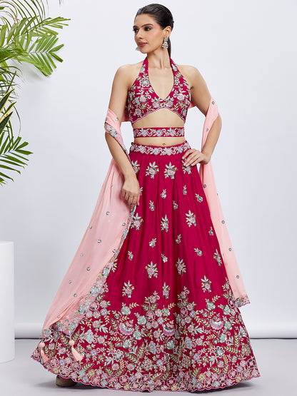 Rose Georgette Sequins and Thread Embroidery Lehenga Choli &amp; Dupatta