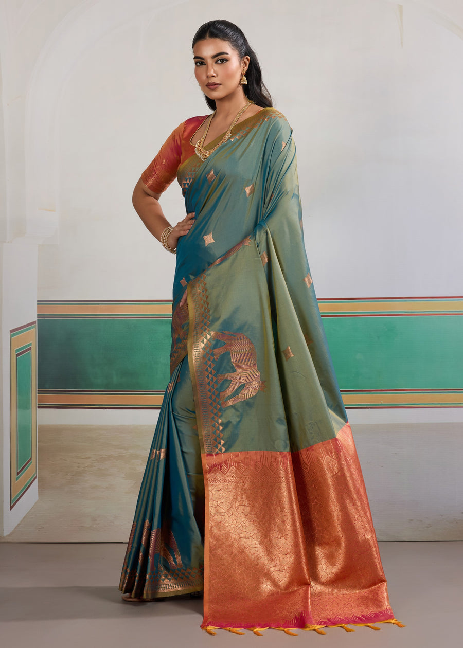 Teal Blue Pure Soft Silk Handloom Saree Panetar Saree Anant Tex Exports Pvt.Ltd..