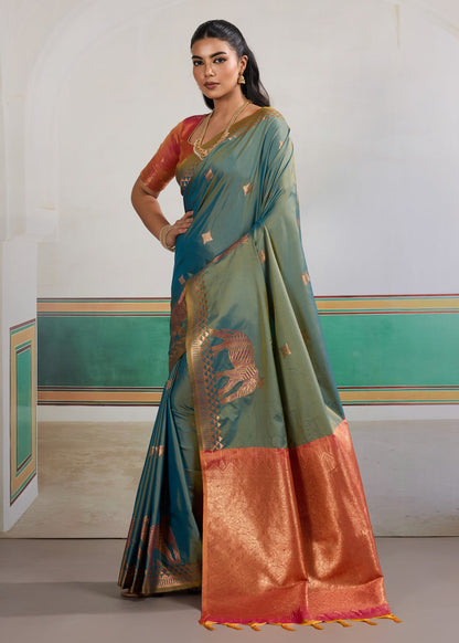 Teal Blue Pure Soft Silk Handloom Saree Panetar Saree Anant Tex Exports Pvt.Ltd..