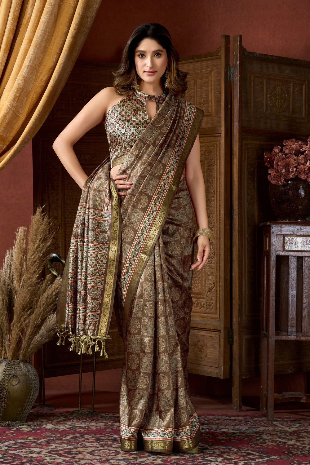 Forest Green Pure Cluster Silk Ajarkh Digital Printed Saree 