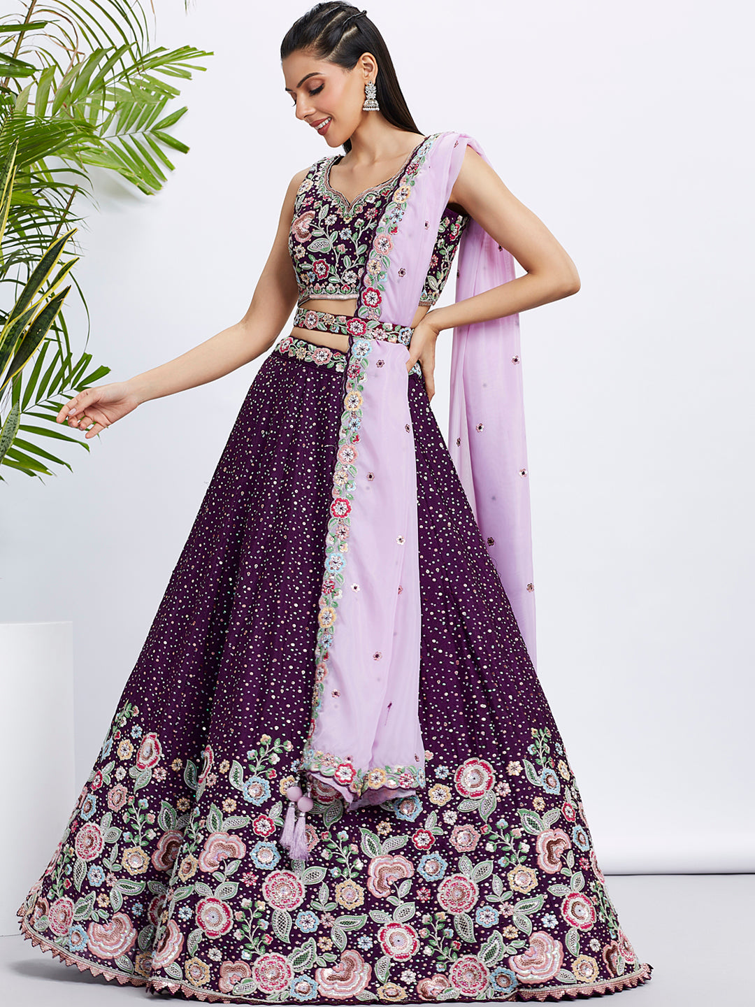 Purple Pure Chiffon Sequins Thread Embroidery Lehenga Choli &amp; Dupatta