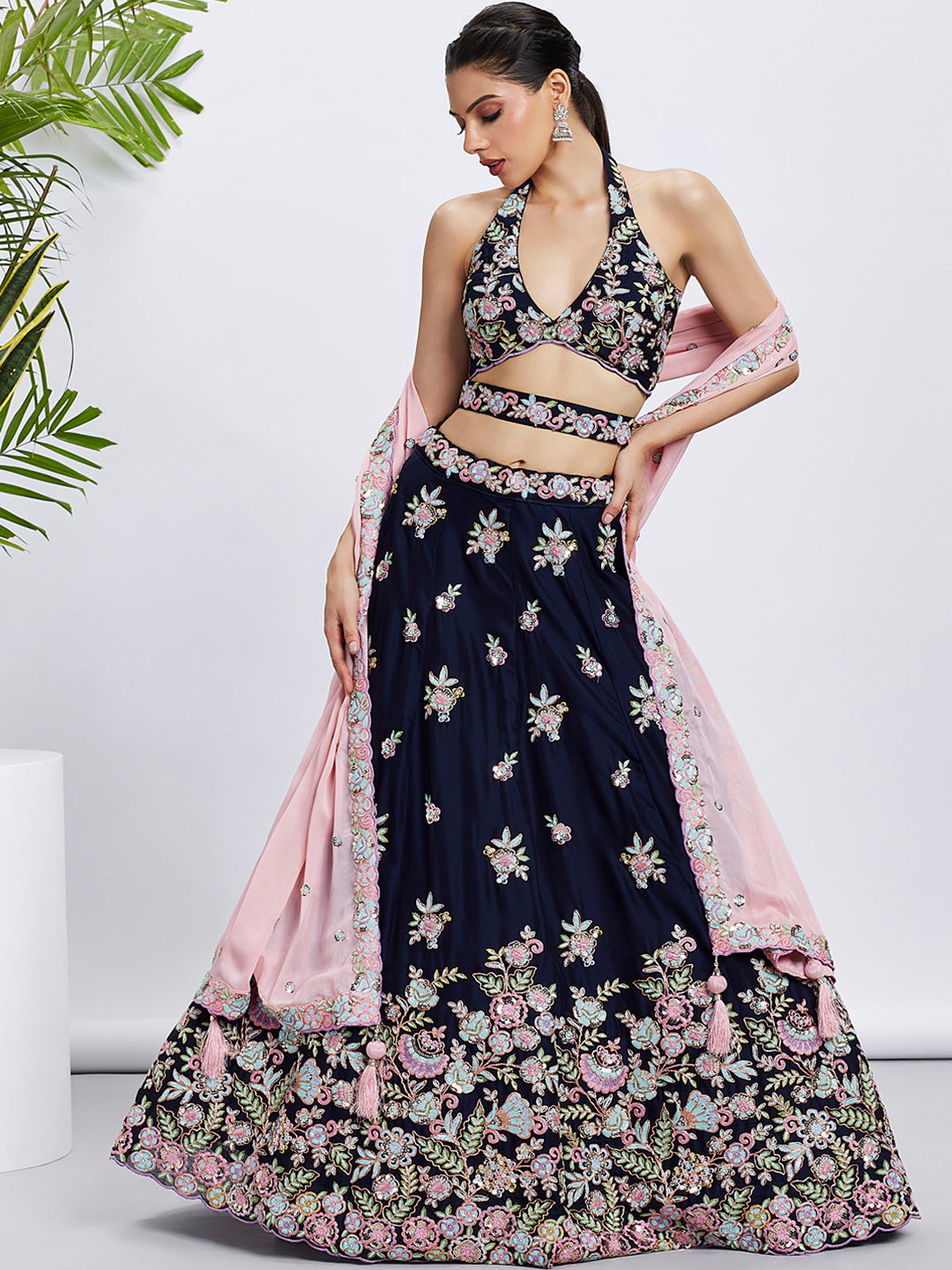 Navy Blue Georgette Sequins Thread Embroidery Lehenga Choli &amp; Dupatta