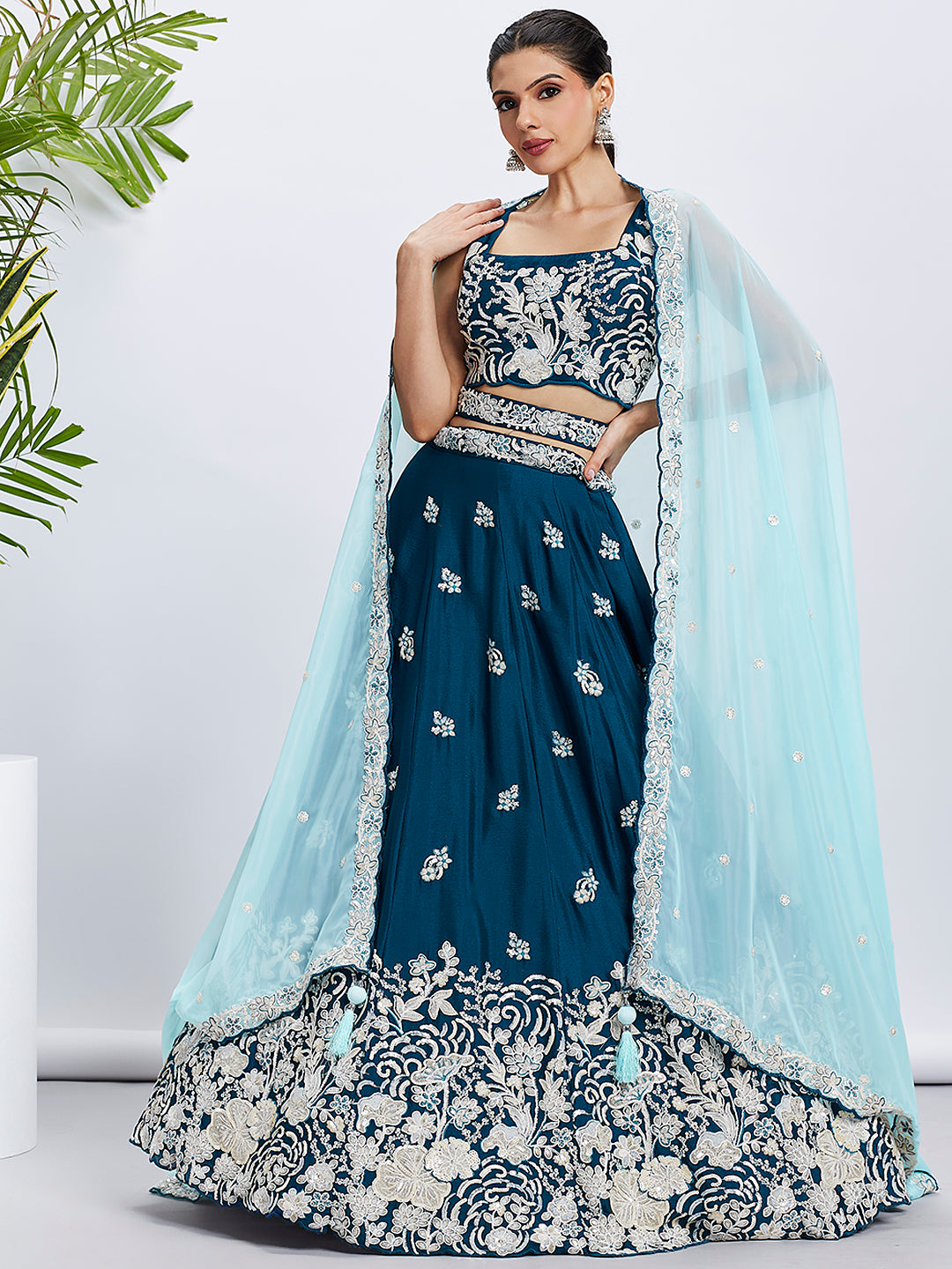 Teal Georgette Sequins Thread Embroidery Lehenga Choli &amp; Dupatta