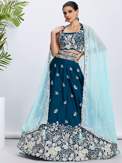Teal Georgette Sequins Thread Embroidery Lehenga Choli &amp; Dupatta