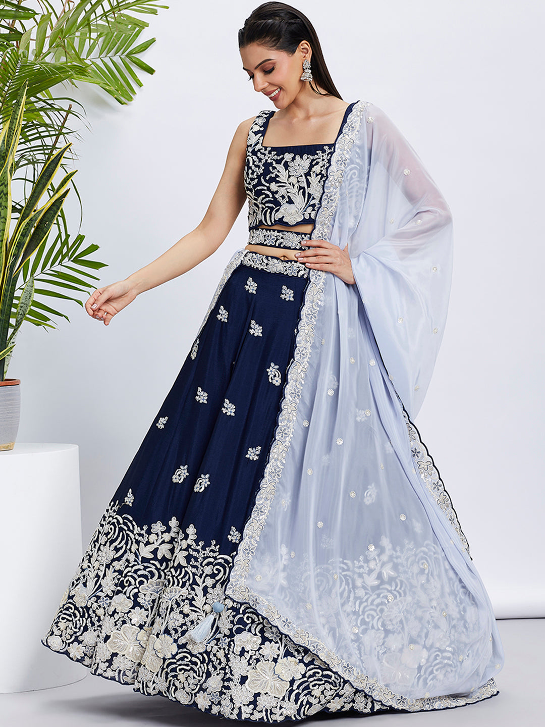 Navy Blue Georgette Sequins Thread Embroidery Lehenga Choli &amp; Dupatta