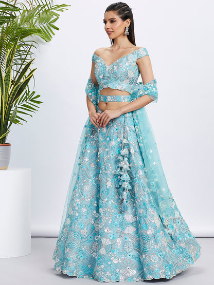 Sky Blue Organza Sequins and Thread Embroidery Lehenga Choli &amp; Dupatta