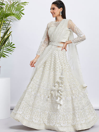 Cream Net Sequins and Thread Embroidery Lehenga Choli &amp; Dupatta