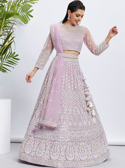 Lavender Net Sequins and Thread Embroidery Lehenga Choli &amp; Dupatta