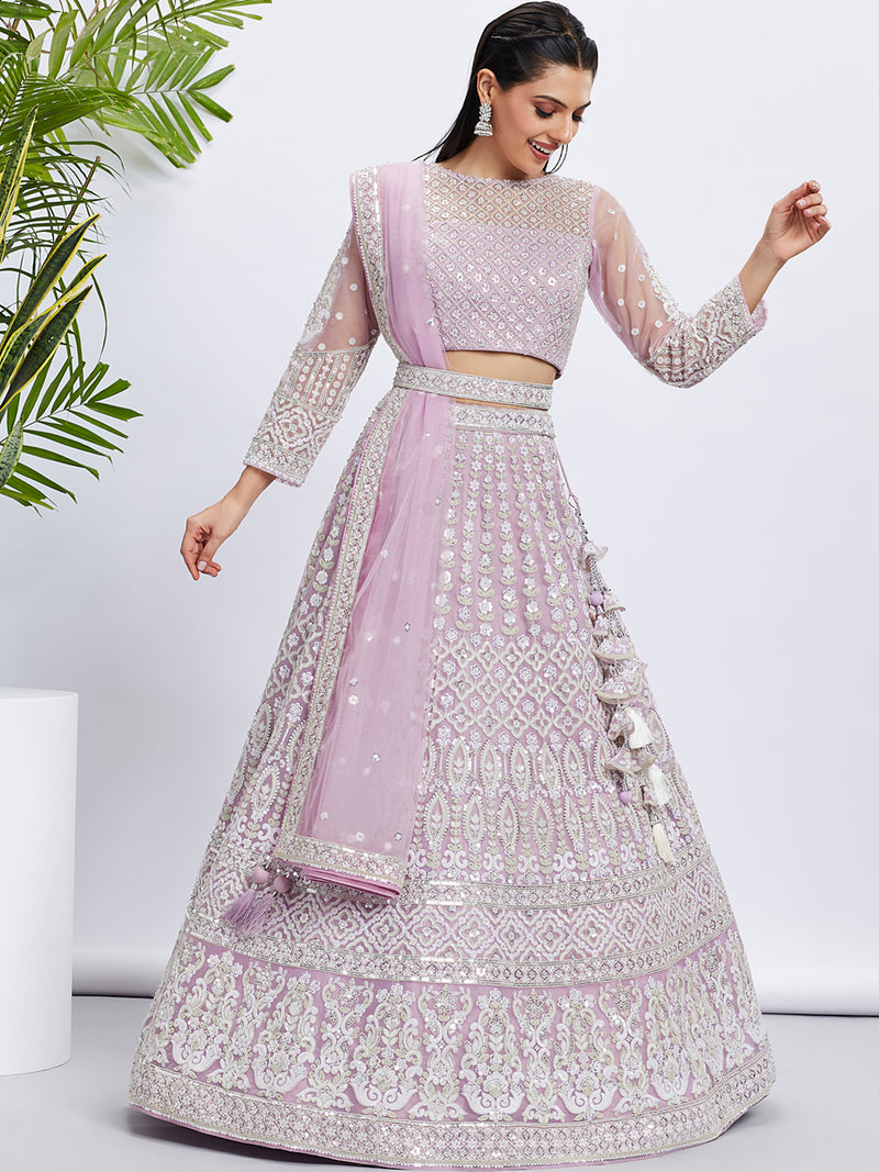 Lavender Net Sequins and Thread Embroidery Lehenga Choli & Dupatta