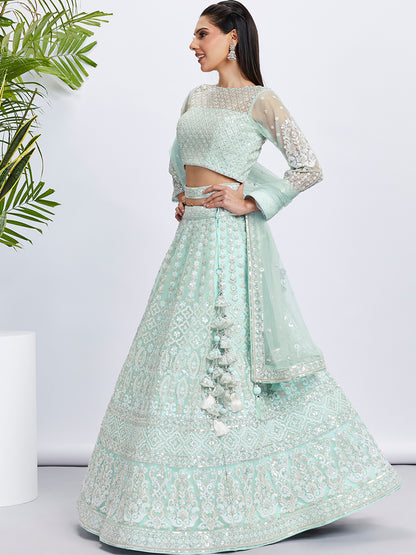Turquoise blue Net Sequins and Thread Embroidery Lehenga Choli &amp; Dupatta