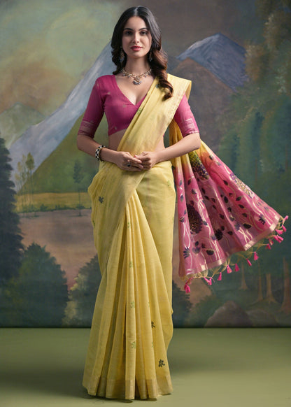 Lemon Yellow Pure Soft Munga Handloom Weaving Cotton Saree Cotton saree Anant Tex Exports Pvt.Ltd..