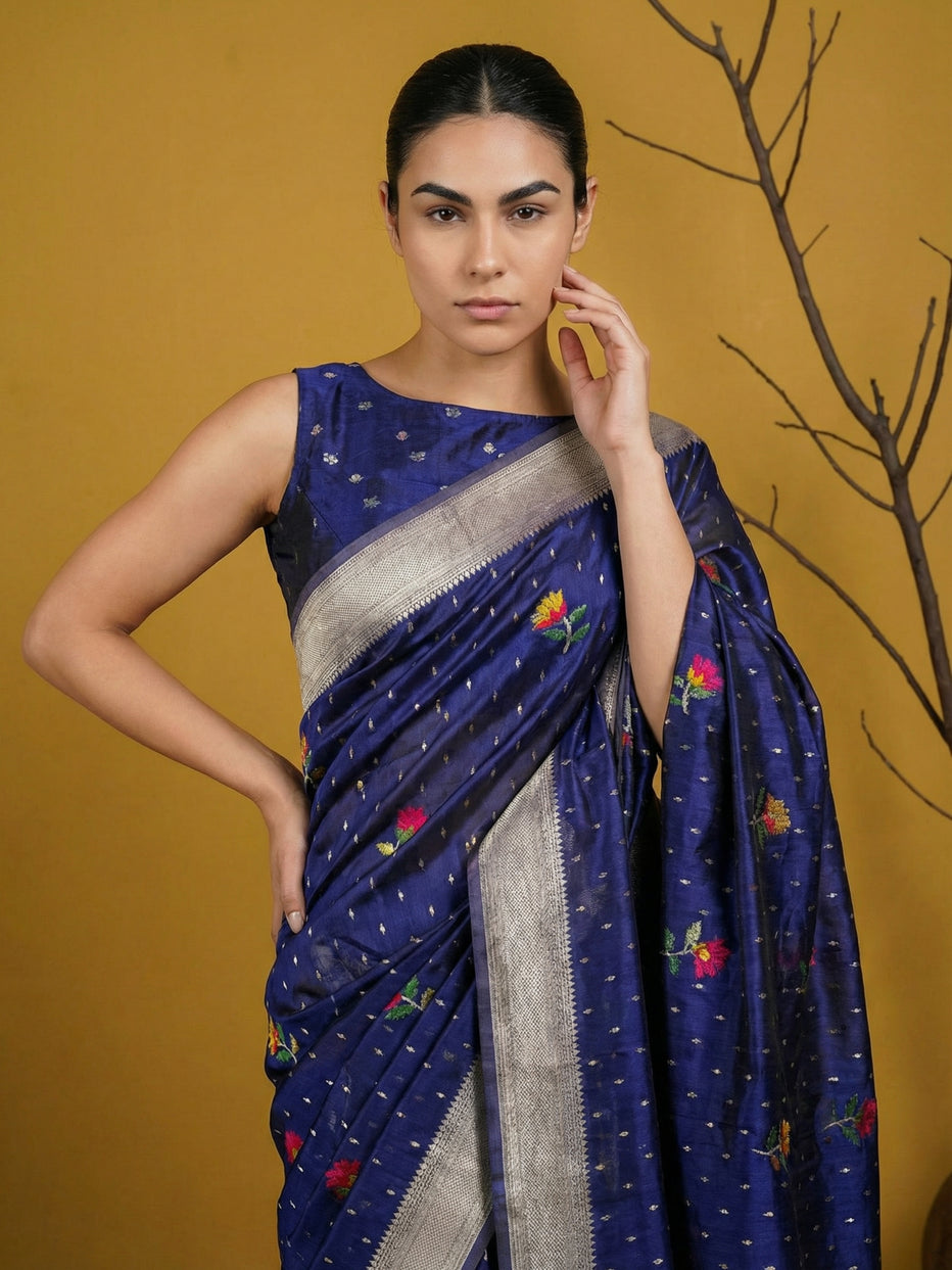 Blue Pure Organza Silk Meenakari Jamdani Zari Woven Organza Saree