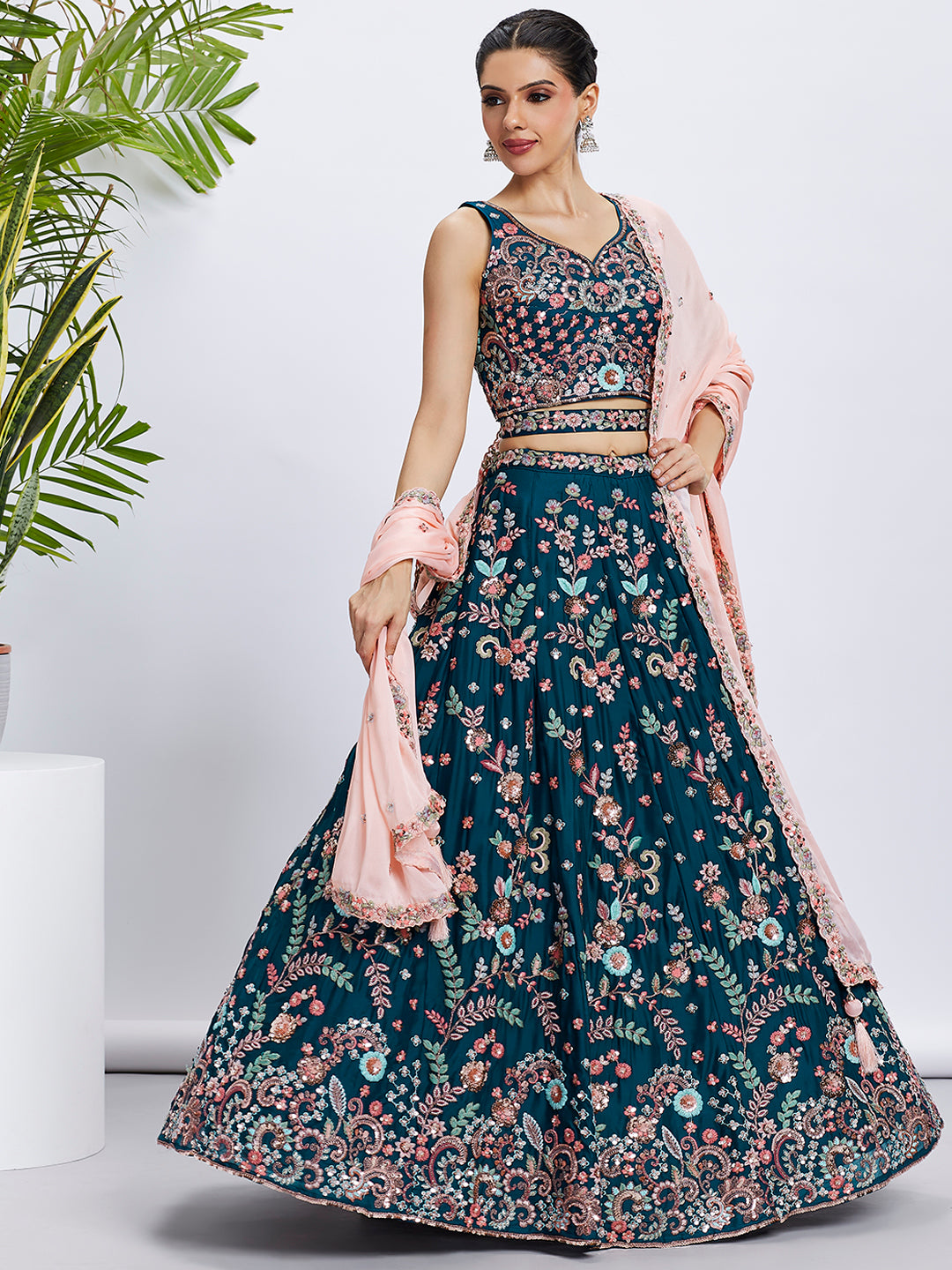 Teal Pure Georgette Sequins and Thread Embroidery Lehenga choli &amp; Dupatta