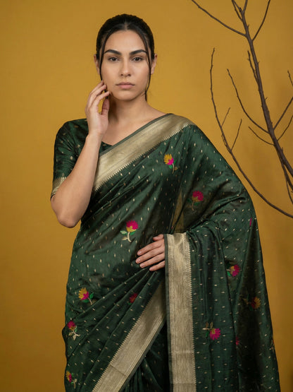 Green Pure Organza Silk Meenakari Jamdani Zari Woven Organza Saree