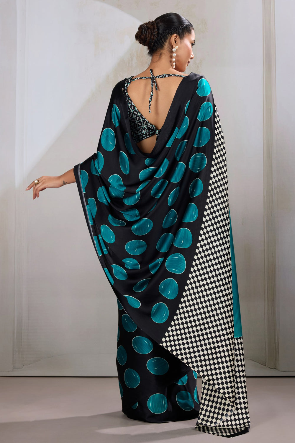 Havelock Blue Printed Polka Dots Satin Crepe Saree 