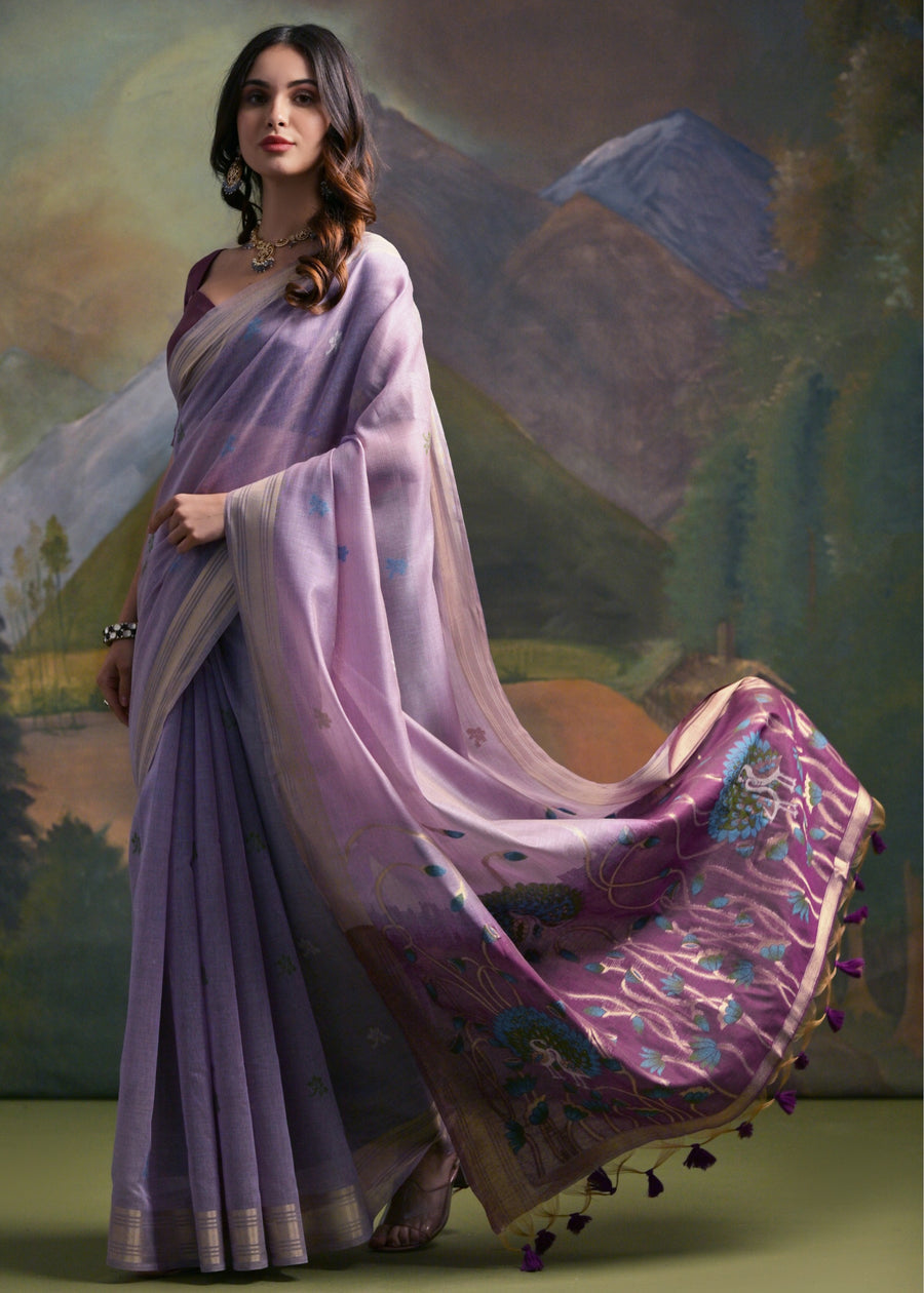 Lavender Pure Soft Munga Handloom Weaving Cotton Saree